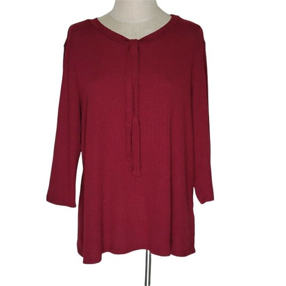 ModCloth Sweater Size 2X Ribbed Knit Tie Front Burgundy 3/4 Sleeve Stretch - Picture 1 of 8
